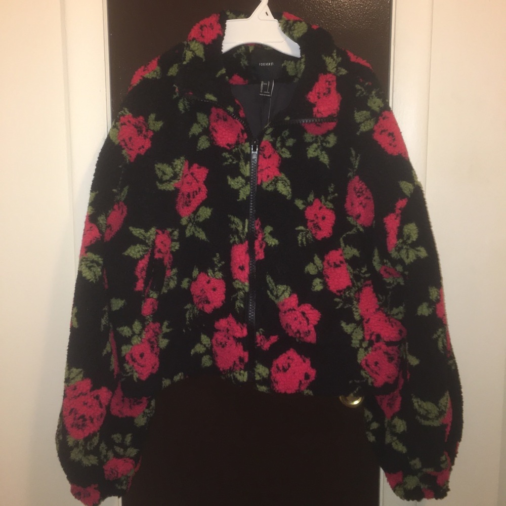 Forever 21 Black Floral Bomber Jacket with Pink Roses and Green Leaves